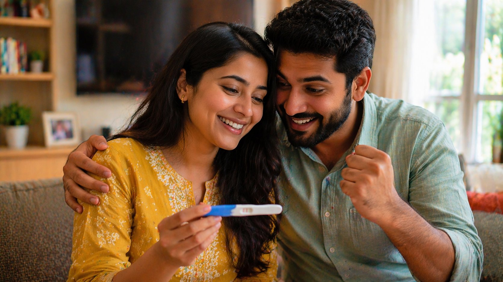 Indian couple seeing positive pregnancy test — pure joy