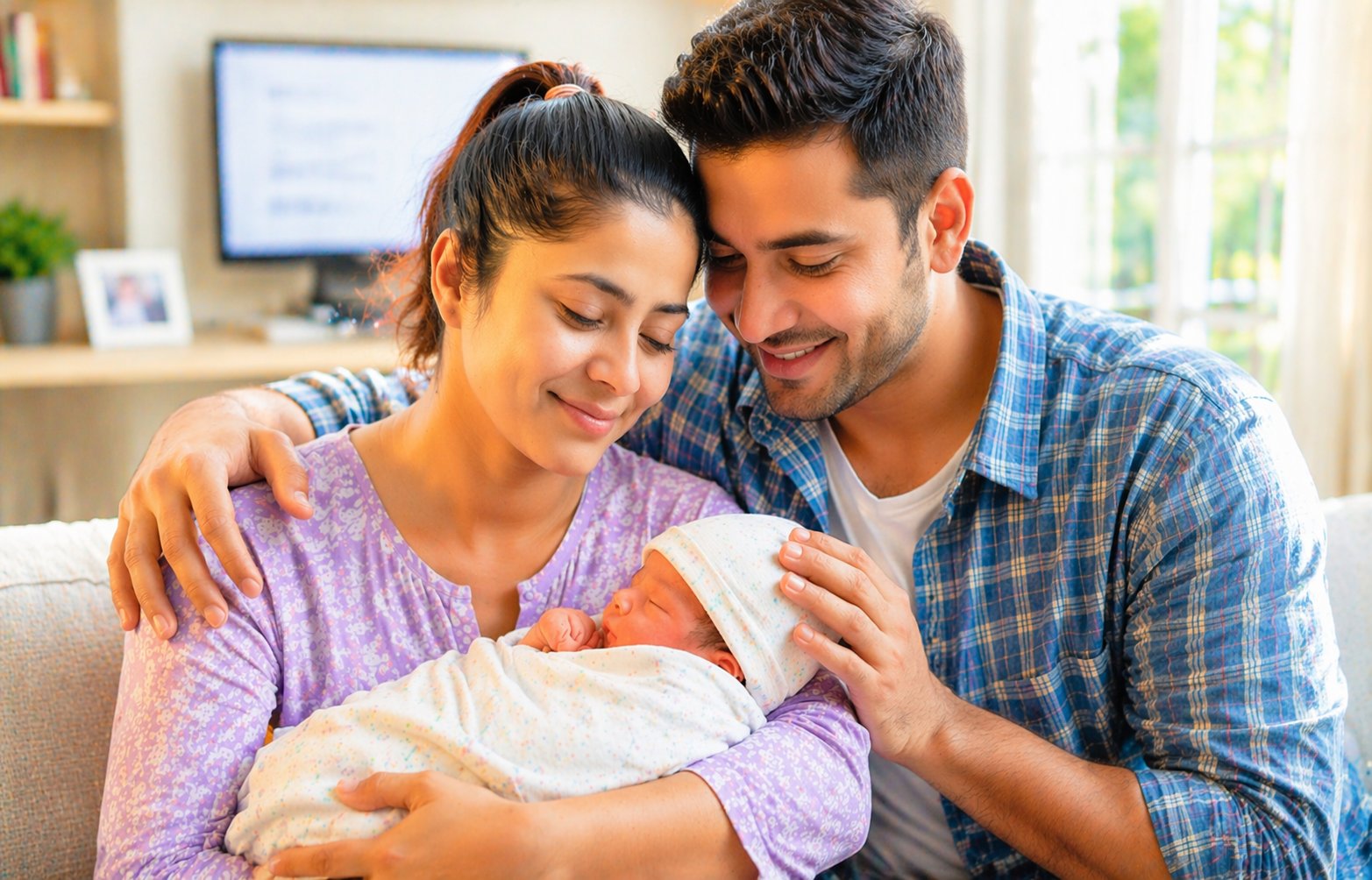 Indian couple holding their newborn baby — smiling together