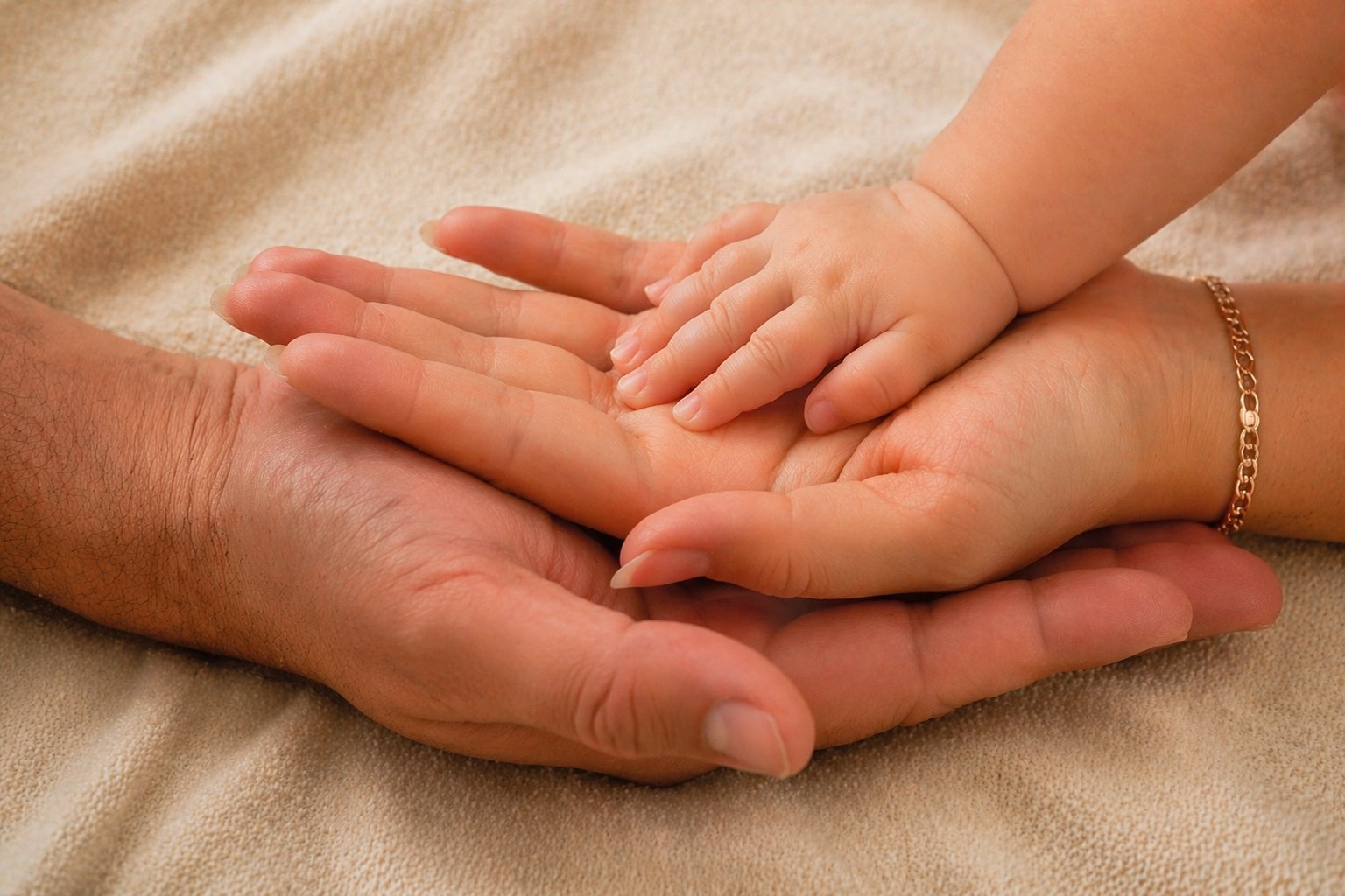 Baby's hand resting in parents' hands
