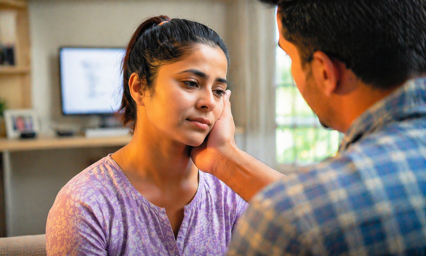 Couple struggling — she feels the pain, he holds her close